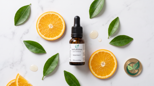 Sérum de vitamina C Naturgran con naranjas frescas sobre mármol